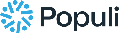 The logo for populi is blue and black with a snowflake in the middle.